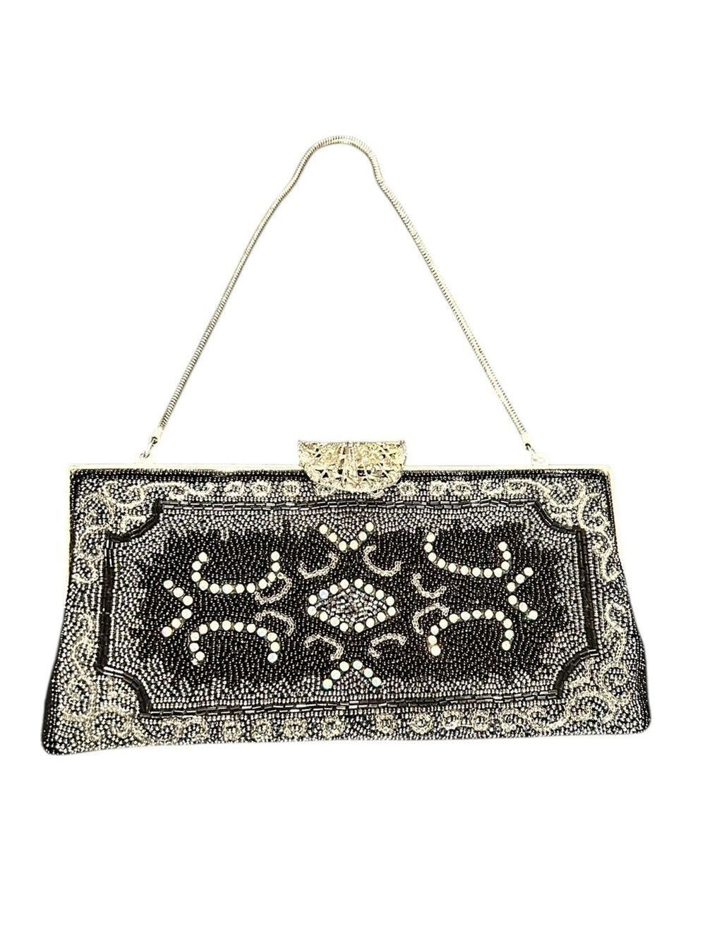 Vintage Beaded Bag Rainbow Rhinestones Silvertone Frame Ornate Clasp Stunning